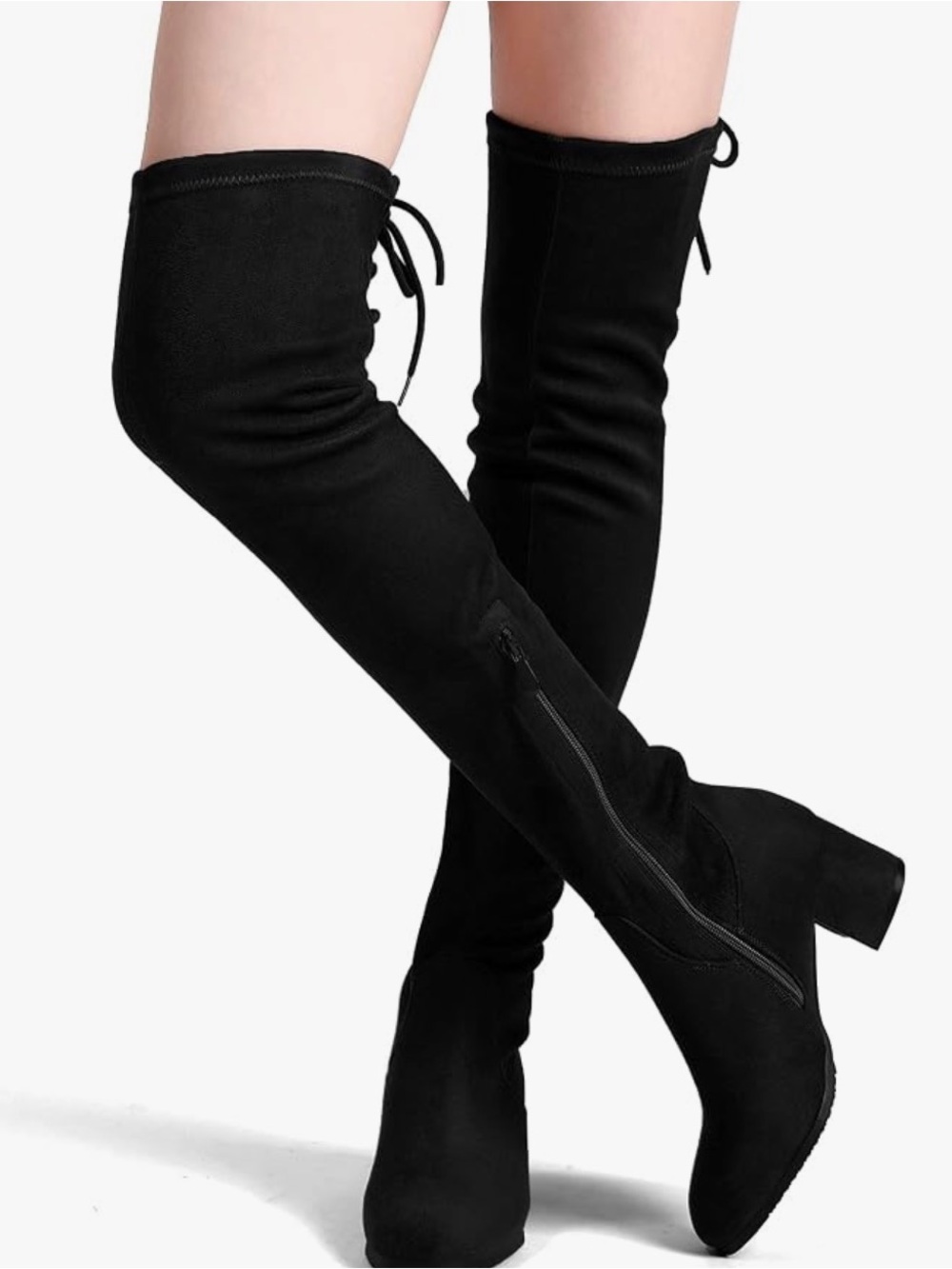 Women’s Black Over-the-Knee Block Heel Boots with Back Tie